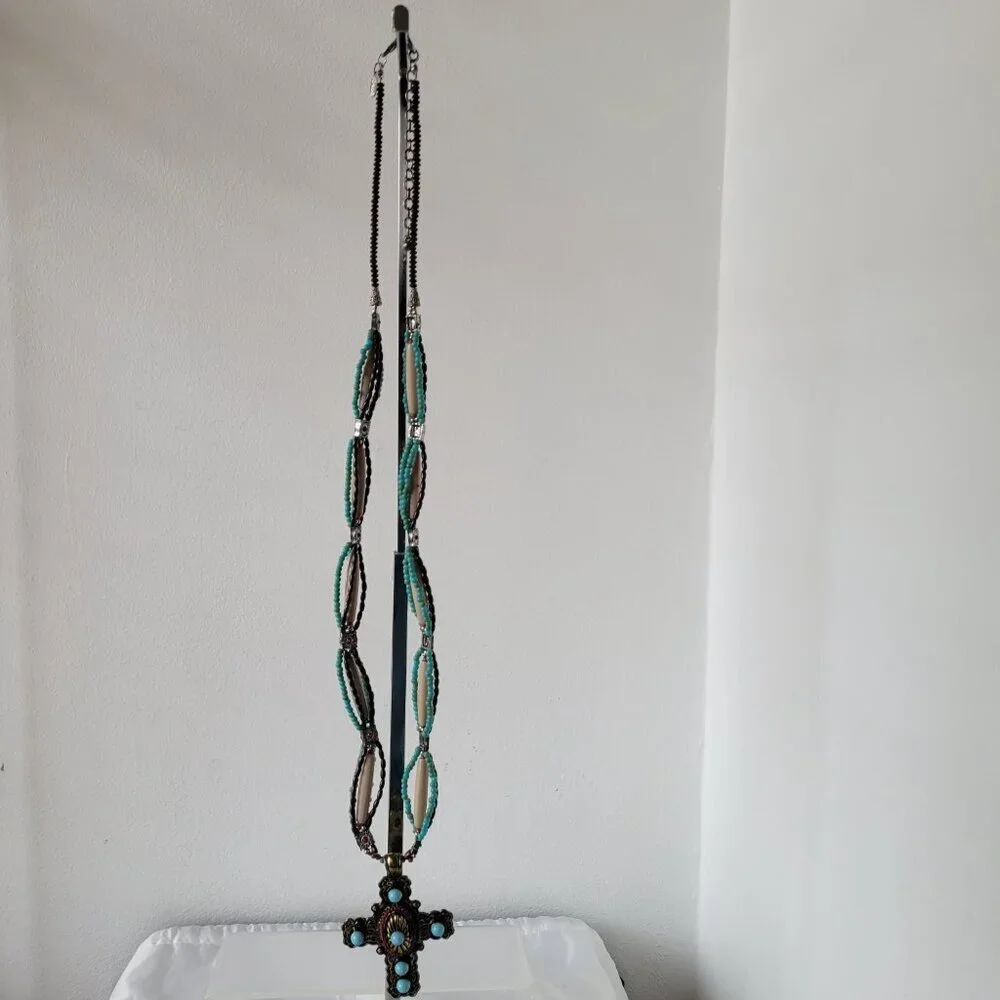 Southwestern-Style Turquoise &Coral color Beaded Cross Necklace
